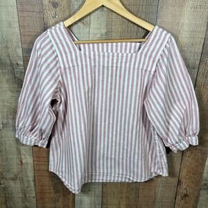 Time and Tru Linen Cotton Red Striped Blouse Medium Square Neck Puff Sleeve